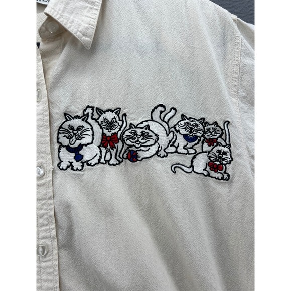 VTG Ultra Shirt Womens Cream Cotton Cat Embroidered Button Down Sz Large - Picture 2 of 9